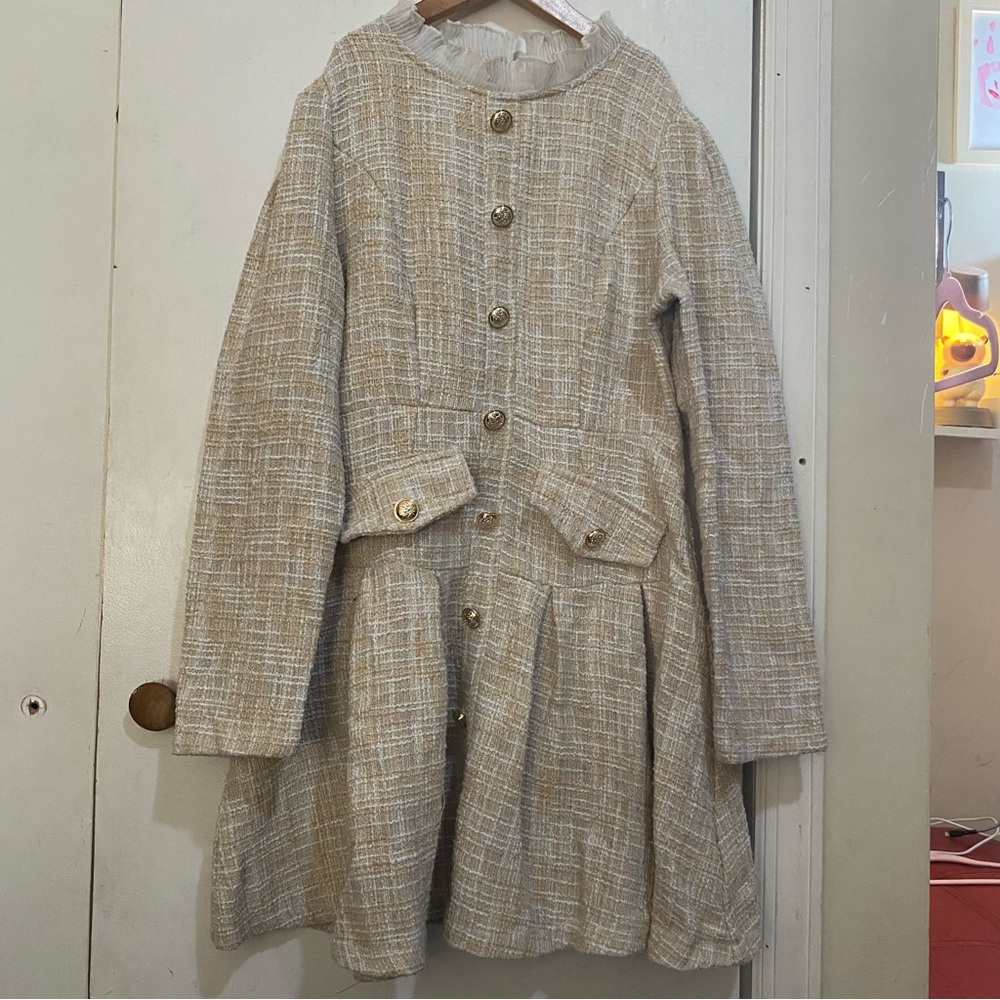 SHEIN Cream Tweed Long Sleeve Button Front Dress Coat